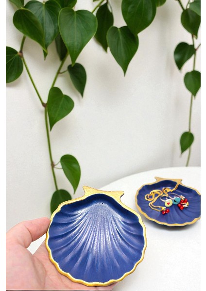 Lacivert Gold Çizgi Detaylı 2'li Dekoratif Istiridye Takı Tabağı, Aksesuarlık, Mumluk %100 Taş Tozu 10X10CM (Vernikli) fırsatları