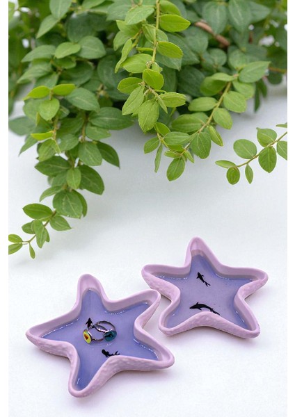 2'li Deniz Yıldızı, Mavi Epoksi Dolgulu Balık Detaylı Dekoratif Takı Tabağı, Mumluk, Aksesuarlık, %100 Taş Tozu (10X10CM)