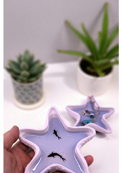 2'li Deniz Yıldızı, Mavi Epoksi Dolgulu Balık Detaylı Dekoratif Takı Tabağı, Mumluk, Aksesuarlık, %100 Taş Tozu (10X10CM) fiyatları