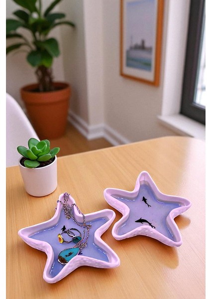 2'li Deniz Yıldızı, Mavi Epoksi Dolgulu Balık Detaylı Dekoratif Takı Tabağı, Mumluk, Aksesuarlık, %100 Taş Tozu (10X10CM) fırsatları