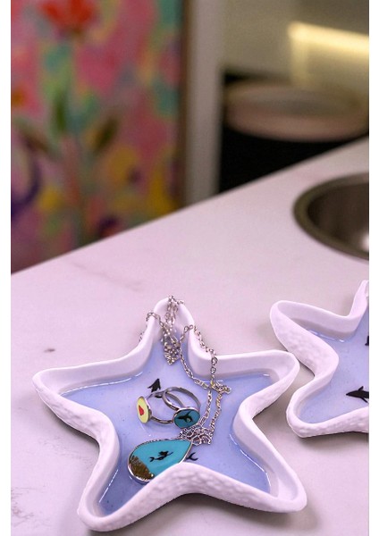 2'li Deniz Yıldızı, Mavi Epoksi Dolgulu Balık Detaylı Dekoratif Takı Tabağı, Mumluk, Aksesuarlık, %100 Taş Tozu (10X10CM) indirimleri