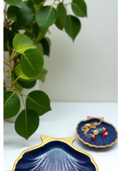 Lacivert Gold Çizgi Detaylı 2'li Dekoratif Istiridye Takı Tabağı, Aksesuarlık, Mumluk %100 Taş Tozu 10X10CM (Vernikli) indirimleri