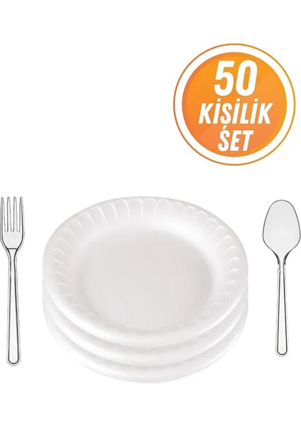 50LI Düz Köpük Tabak, 50 Plastik Çatal, 50 Plastik Kaşık Set