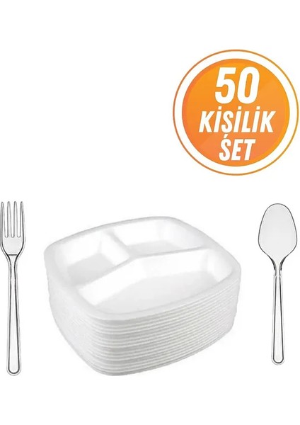 50LI Köpük Tabak Tabldot, 50 Plastik Çatal, 50 Plastik Kaşık Set