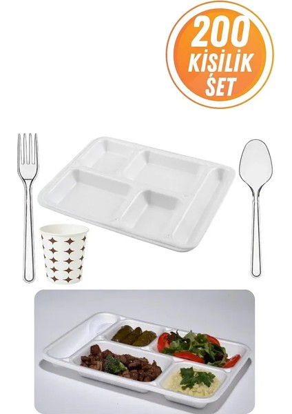 200 Kişilik 5 Gözlü Tabldot Köpük Tabak Plastik Çatal Kaşık Karton Bardak Set