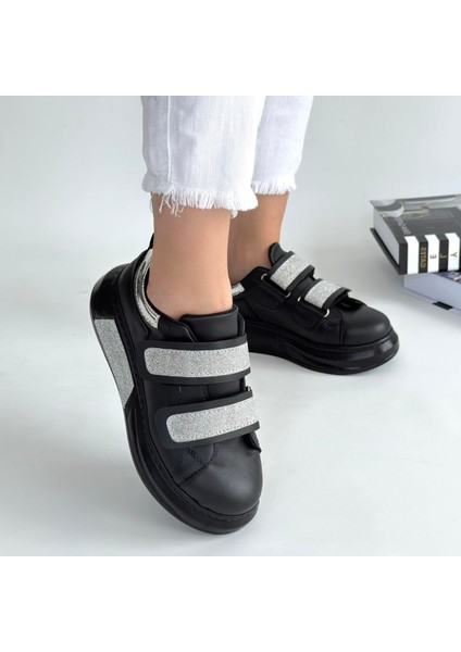 Simli Cırt Cırtlı Dolgu Topuk Spor Ayakkabı Cilt Siyah Topuk Boyu 4 cm indirimleri