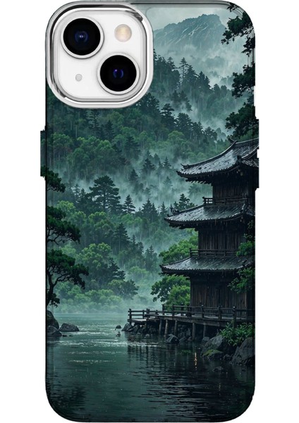 IPHONE 13 Uyumlu Özel Japon Tapınağı Tasarımlı Lüks Silikon Kılıf