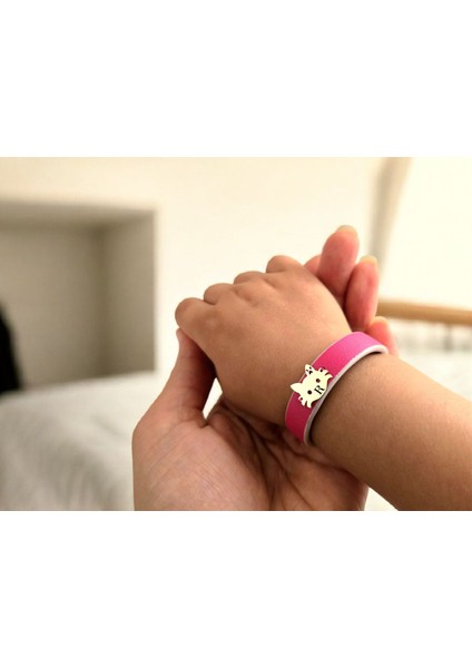 14 Ayar Plakalı Altın R Harfine Özel Doğal Pembe Derili Kedi Motifli Hediye BILEKLIK-634HARF