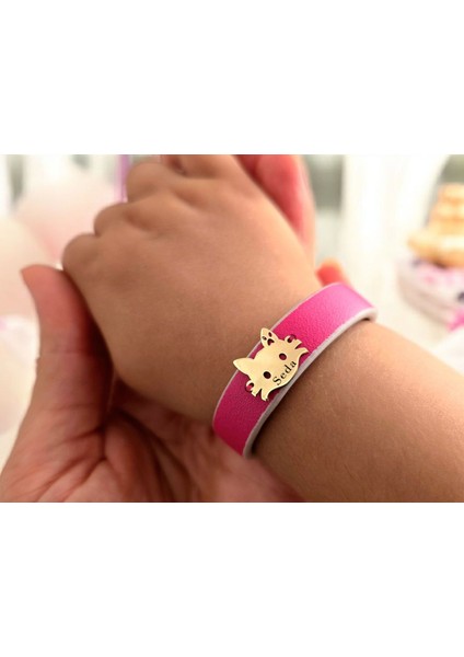 14 Ayar Altın Plakalı Seda Ismine Özel Doğal Pembe Derili Kedi Motifli Hediye BILEKLIK-634ISIM