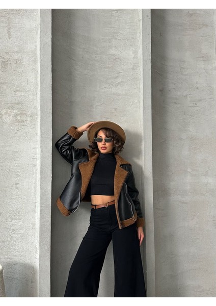 Cepli Kürklü Çapraz Fermuarlı Deri Mont