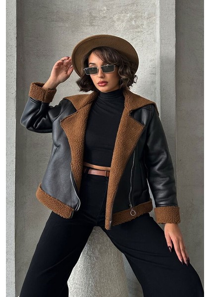 Cepli Kürklü Çapraz Fermuarlı Deri Mont fırsatları