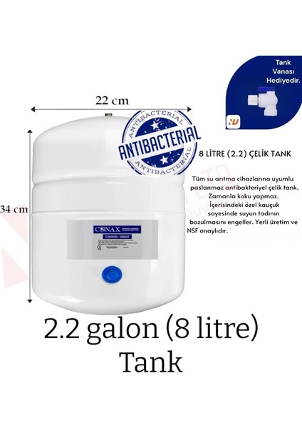 Conax - Su Arıtma Tankı 8 Lt Tüm Cihazlara Uyumlu, Nsf Onaylı, Paslanmaz Çelik Tank