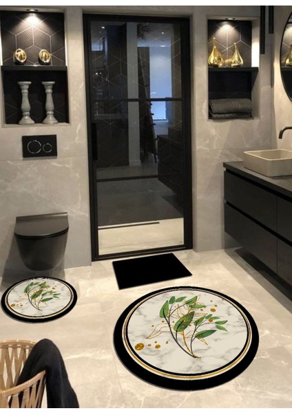 Simli Yapraklar - Kaymaz, Dökülmez Taban Yuvarlak Banyo Halısı (100X100-60X60-40X60 CM 3'LÜ SET) fırsatları