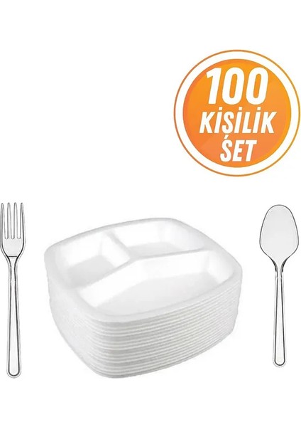 100LÜ Köpük Tabak Tabldot, 100 Plastik Çatal, 100 Plastik Kaşık Set