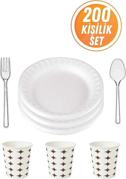 200 Kişilik Köpük Tabak Plastik Çatal Kaşık Karton Bardak Set