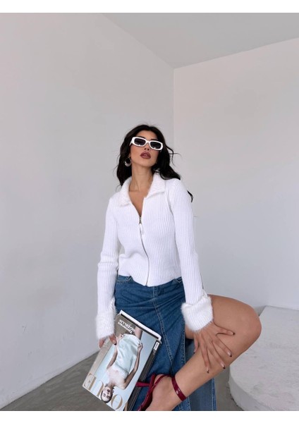 Yaka ve Kol Peluş Detaylı Fermuarlı Örme Triko Premium Hırka modelleri