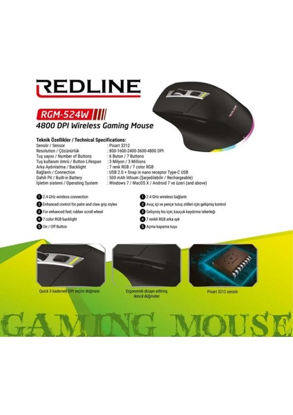 REDLINE RGM-524W 2.4g Wireless Gaming IŞIKLI Mouse modelleri