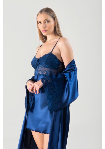 Kadın Lüks Saten Güpür Dantel Detaylı Çeyizlik Gecelik Sabahlık Takımı fiyatları