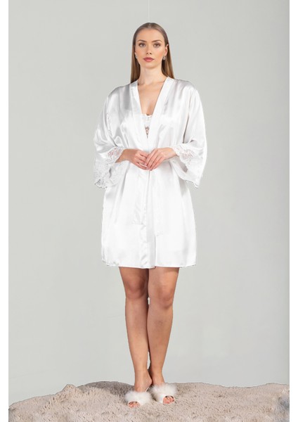 Kadın Lüks Saten Güpür Dantel Detaylı Çeyizlik Gecelik Sabahlık Takımı fırsatları