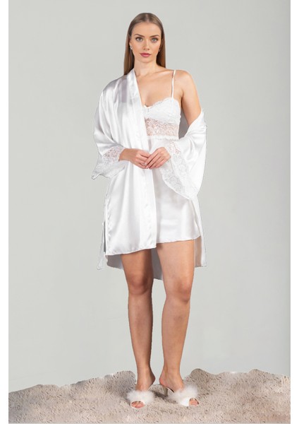 Kadın Lüks Saten Güpür Dantel Detaylı Çeyizlik Gecelik Sabahlık Takımı indirimleri