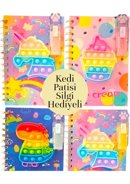 Popitli Sert Kapak Telli Defter Kedi Patisi Desenli Silgi Hediyeli