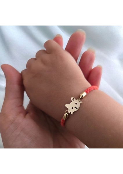 Altın Plakalı 14 Ayar E Harfine Özel Turuncu Ipek Örgülü Kedi Figürlü Hediye BILEKLIK-635HARF