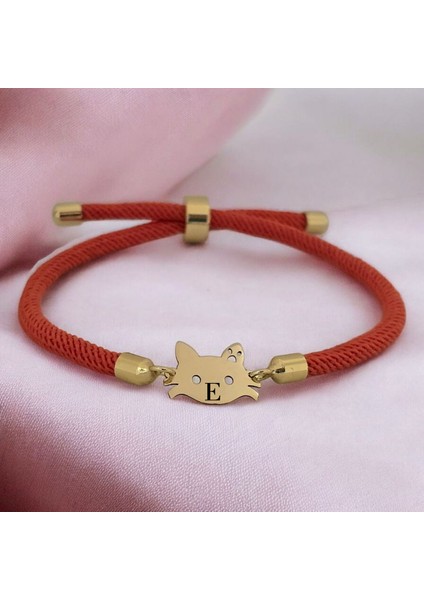 Altın Plakalı 14 Ayar E Harfine Özel Turuncu Ipek Örgülü Kedi Figürlü Hediye BILEKLIK-635HARF fiyatları
