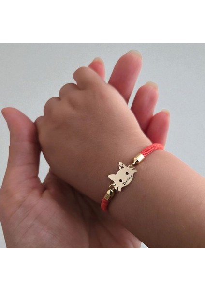 Altın Plakalı 14 Ayar Defne Ismine Özel Kedi Figürlü Turuncu Ipek Örgülü Hediye BILEKLIK-635ISIM