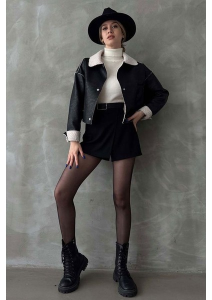 Siyah Nubuk Yakası Kürklü Crop Mont fiyatları