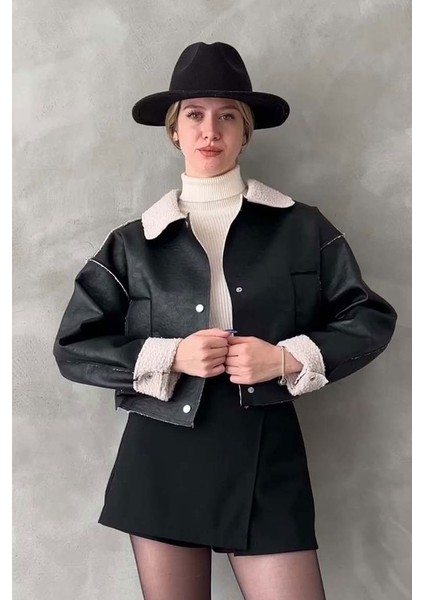 Siyah Nubuk Yakası Kürklü Crop Mont modelleri