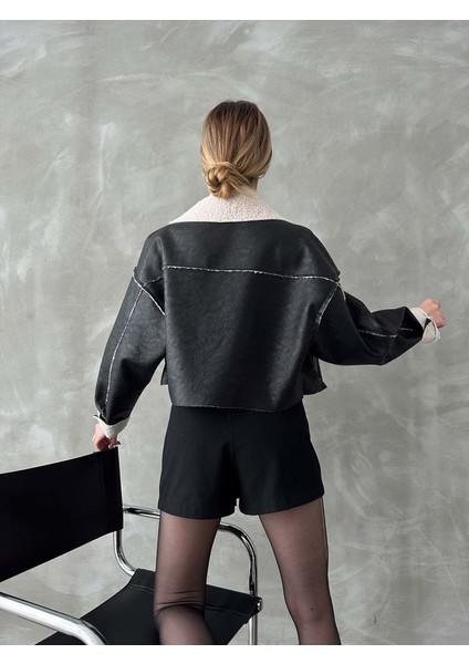 Siyah Nubuk Yakası Kürklü Crop Mont indirimleri