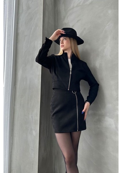 Boydan Fermuarlı, Kol Düğmeli Süet Crop Model Ceket fiyatları