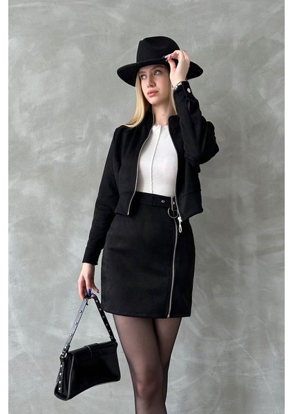 Boydan Fermuarlı, Kol Düğmeli Süet Crop Model Ceket modelleri