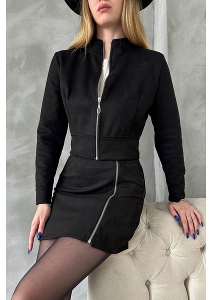 Boydan Fermuarlı, Kol Düğmeli Süet Crop Model Ceket fırsatları