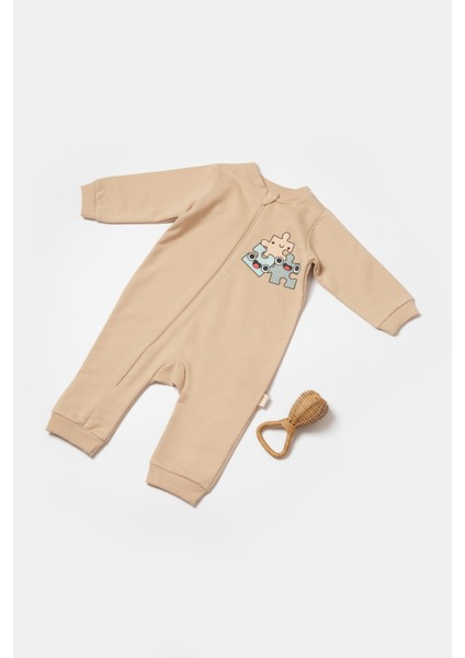 Unisex Bebek Pamuklu Bej Puzzle Desenli Tulum