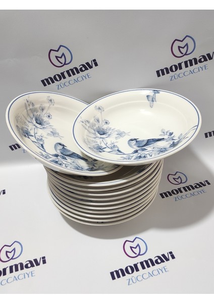 Porselen Kuş 12 Adet 19 cm (Büyük) Çukur Yemek Tabak
