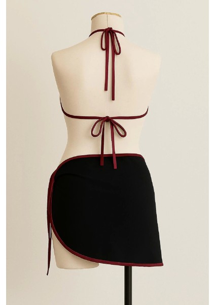 Kadın Bordo Siyah Pareolu Yandan ve Boyundan Bağlamalı 3'lü Bikini Takımı modelleri