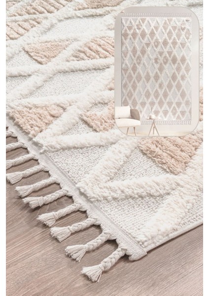 Mılan Krem Bej Yumuşak Bukleli ve Havlı Iskandinav Makine Dokuma Halı Oturma Odası Salon Mutfak Antre