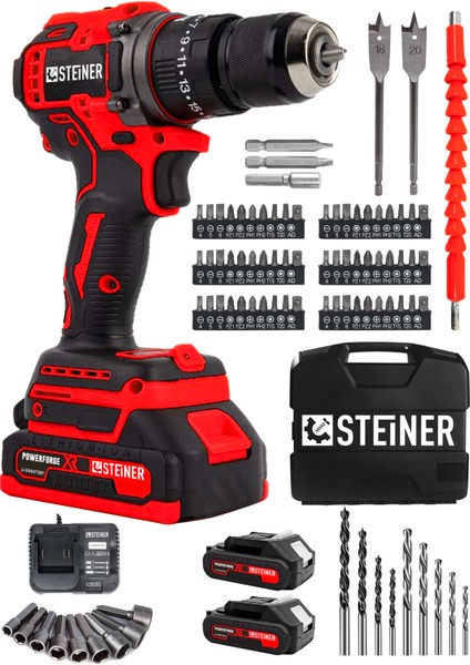 21V Çift Akü Kömürsüz Motor Çelik Mandren Darbeli Akülü Vidalama Şarjlı Matkap (84 Parça Usta Set)