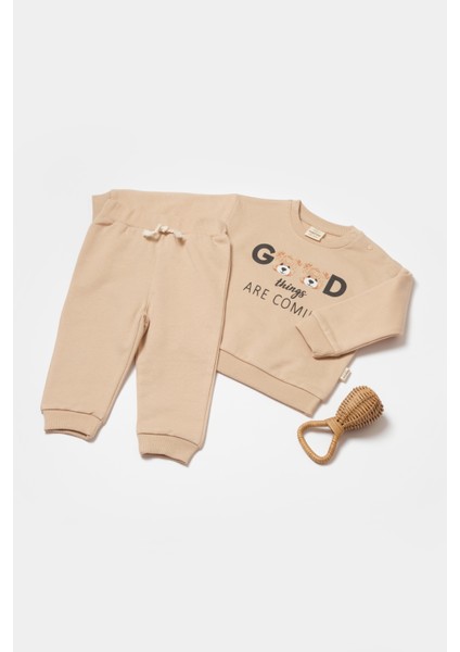 Unisex Bebek Bej Pamuklu Sweatshirt ve Eşofman Altı Takımı