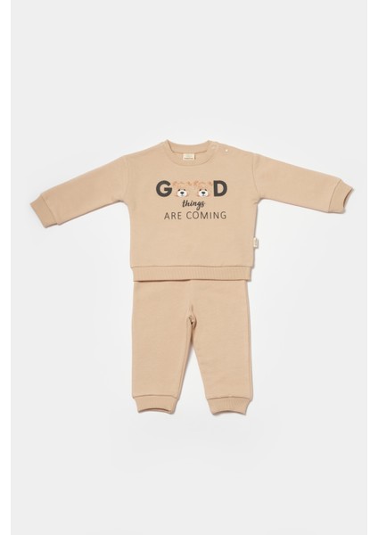 Unisex Bebek Bej Pamuklu Sweatshirt ve Eşofman Altı Takımı fiyatları