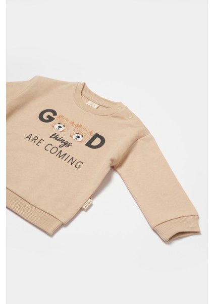 Unisex Bebek Bej Pamuklu Sweatshirt ve Eşofman Altı Takımı modelleri