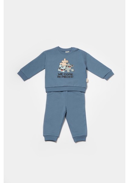 Erkek Bebek Pamuklu Mavi Puzzle Desenli Eşofman Takımı - Uzun Kollu Sweatshirt ve Cep Detaylı Pantolon