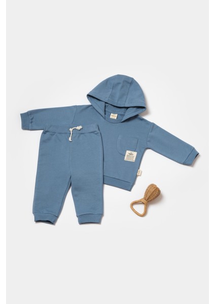 Erkek Bebek Pamuklu Mavi Kapüşonlu Eşofman Takımı - Cepli ve Lastikli