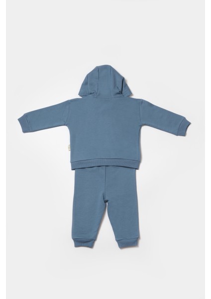 Erkek Bebek Pamuklu Mavi Kapüşonlu Eşofman Takımı - Cepli ve Lastikli modelleri