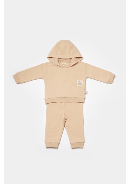 Unisex Bebek Pamuklu Bej Kapüşonlu Eşofman Takımı - Cep Detaylı Sweatshirt ve Alt