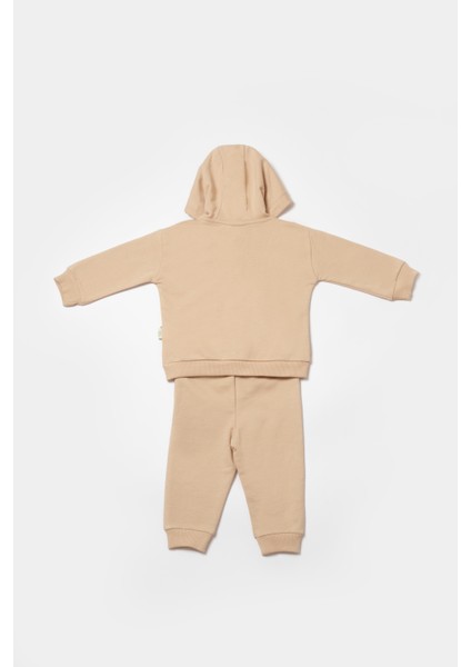 Unisex Bebek Pamuklu Bej Kapüşonlu Eşofman Takımı - Cep Detaylı Sweatshirt ve Alt fiyatları