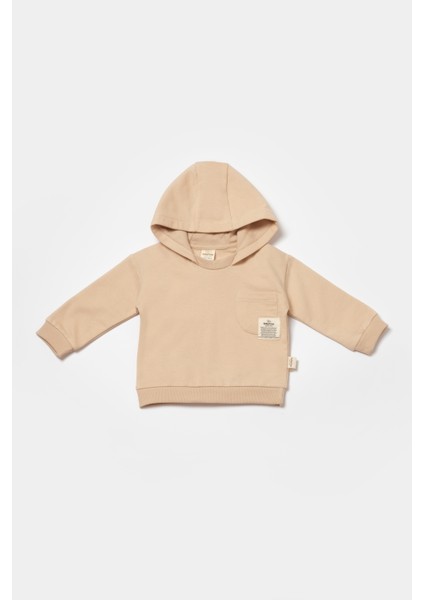 Unisex Bebek Pamuklu Bej Kapüşonlu Eşofman Takımı - Cep Detaylı Sweatshirt ve Alt modelleri