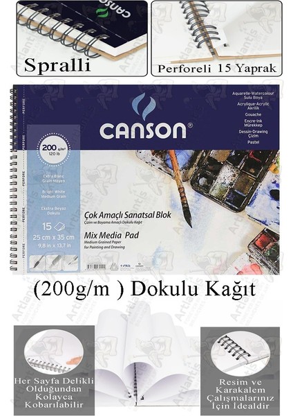 Çok Amaçlı Sanatsal Blok 25X35 cm 200 gr 15 Yaprak 1 Adet Canson Resim Defteri Akrilik Yağlı Guaj Keçeli Sulu Boya