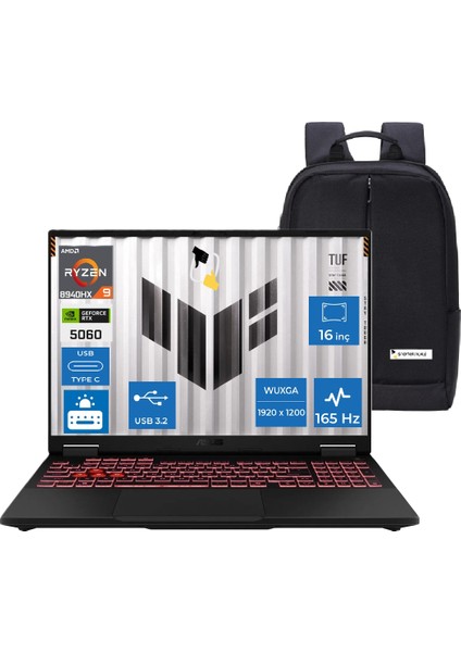 Tuf Gaming A16 FA608PM-RV010 Amd Ryzen 9 8940HX 16GB 1tb SSD RTX5060-8GB 115W Freedos 16" 165Hz Wuxga Taşınabilir Bilgisayar+Snertech Çanta